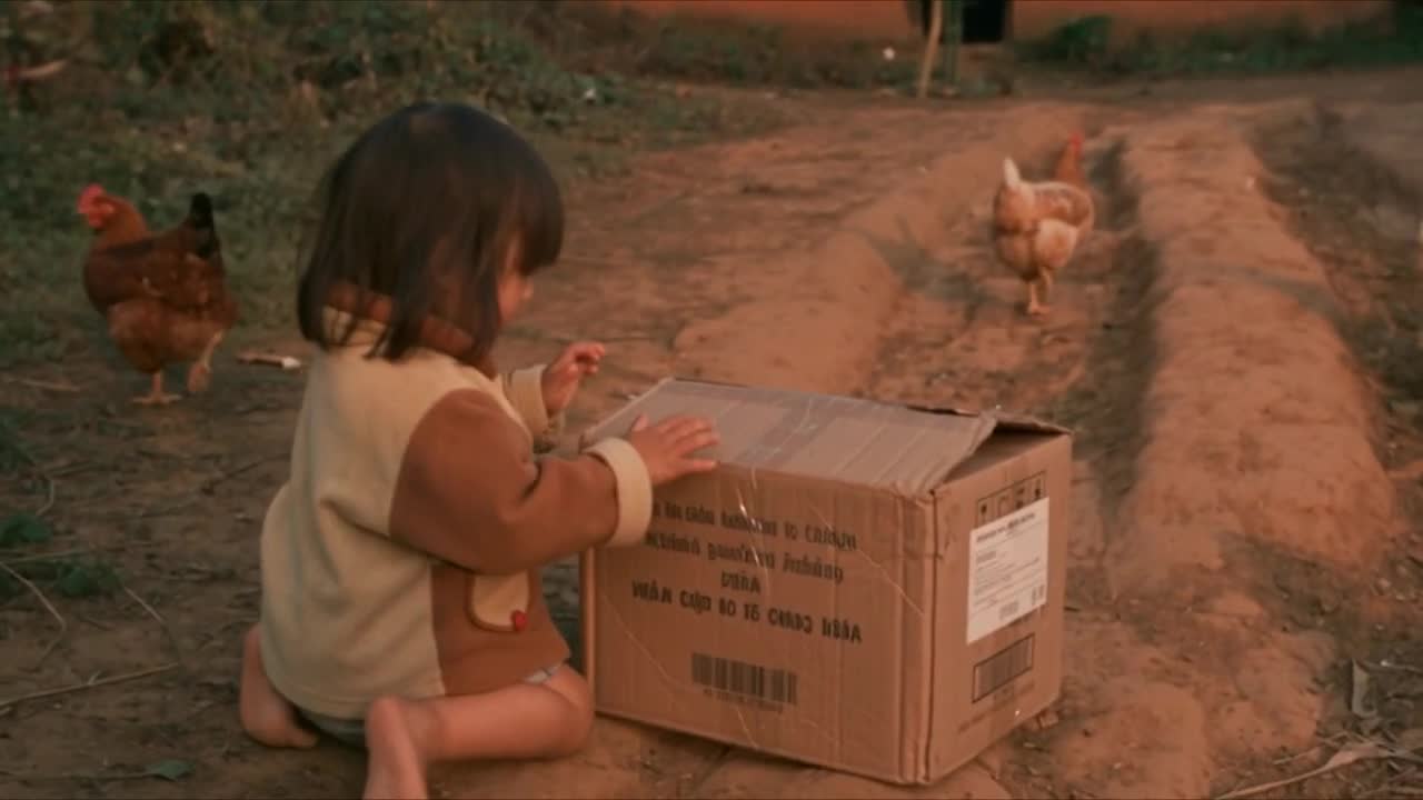 Bibi — a girl opening a cardboard box in a village yard