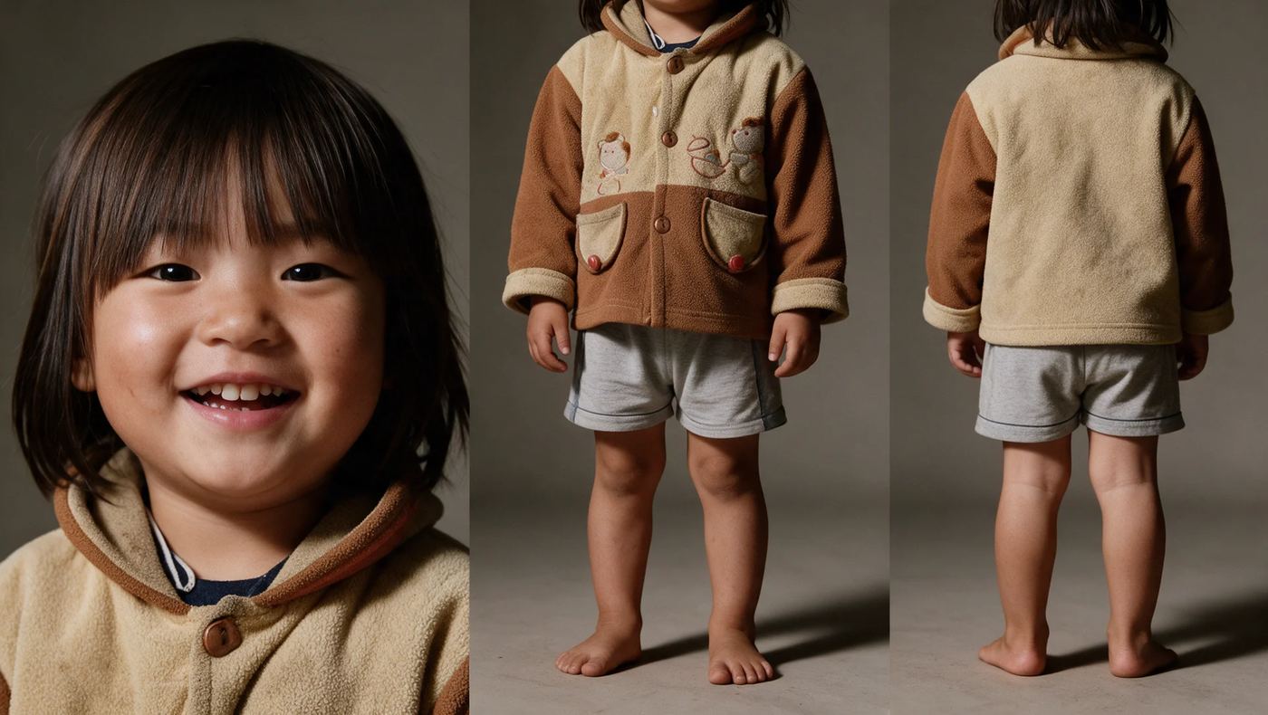 Character sheet: close-up portrait, front and back full-body views of a young girl in a cream and brown fleece jacket