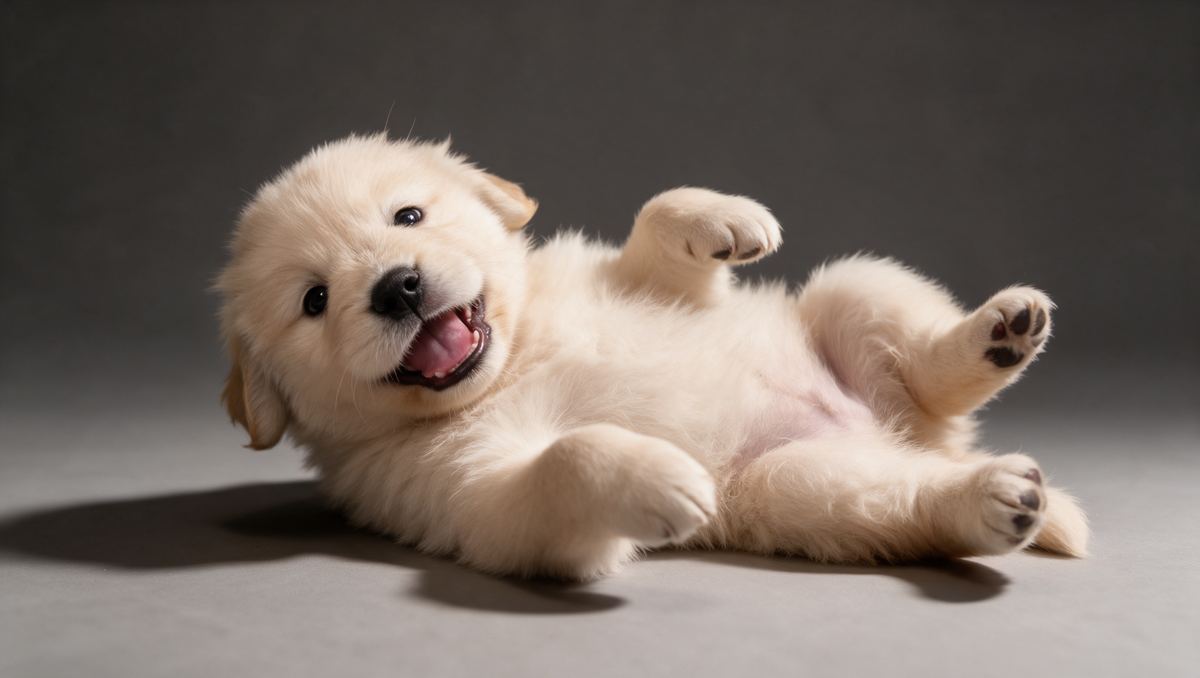 Studio photo of a cream-white puppy lying on its back