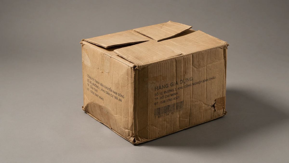 Battered cardboard box with faded Vietnamese text
