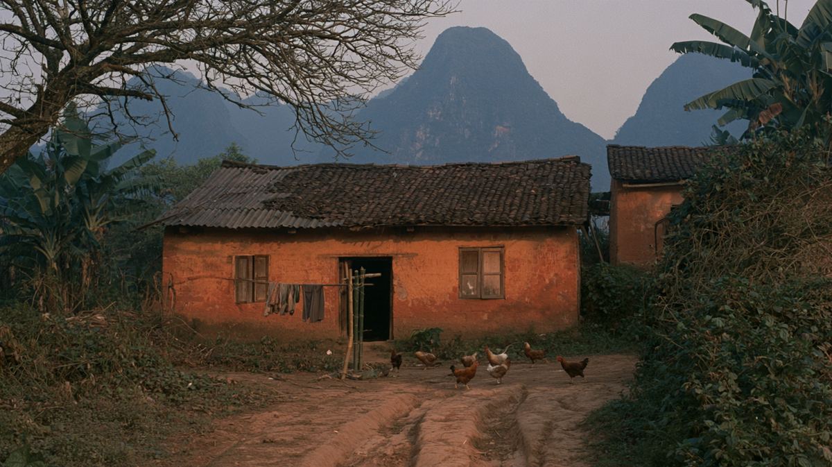 Ochre clay farmhouse with chickens, karst mountains behind