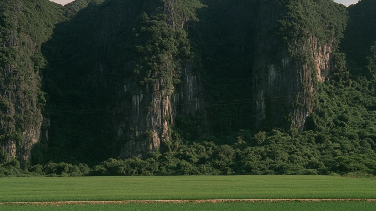Bright green rice field below a dark karst cliff